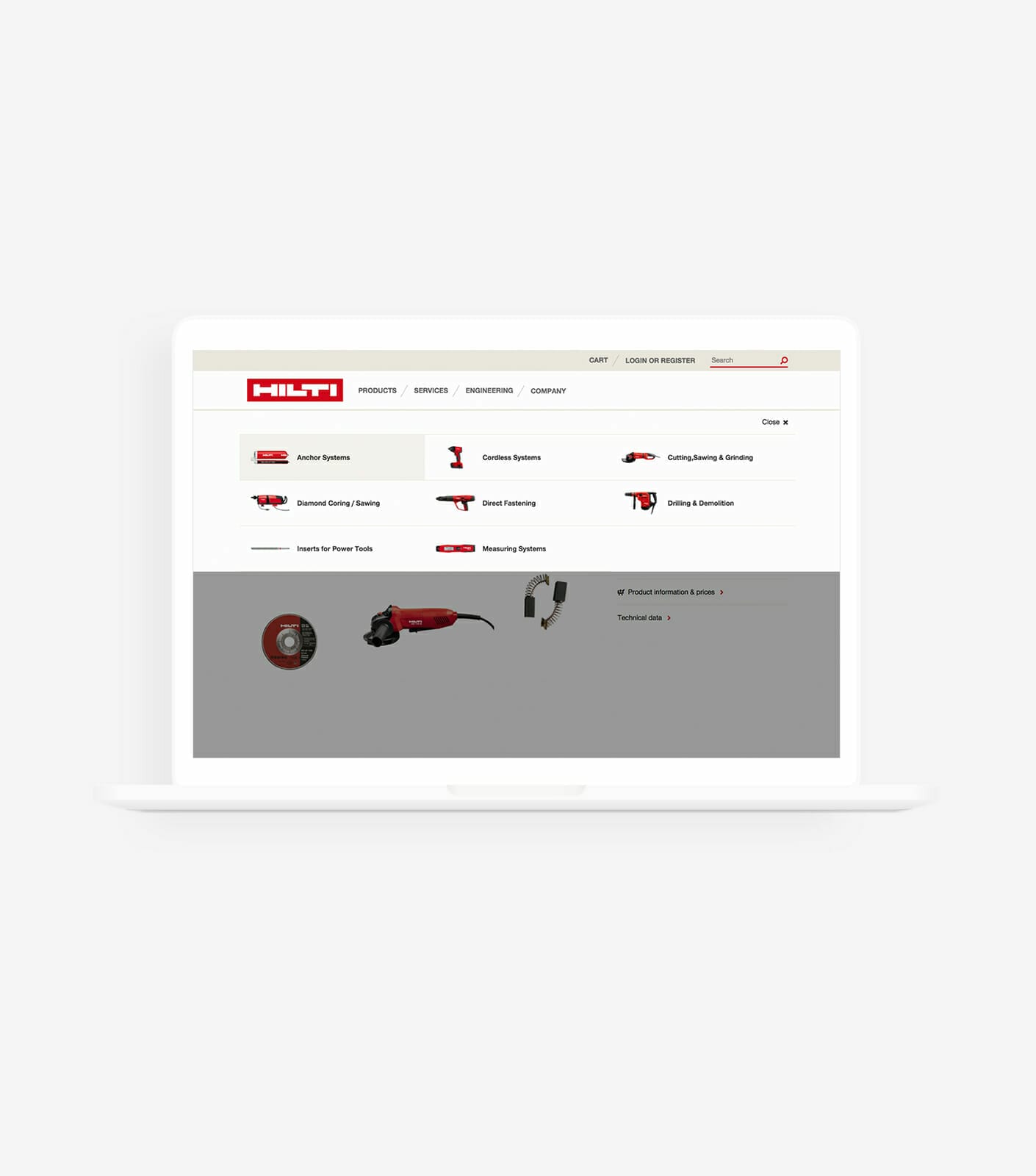 A laptop screen displays the Hilti online store, showcasing various tool categories including drilling, cutting, and fastening systems, highlighting the company's efforts in internationalization.