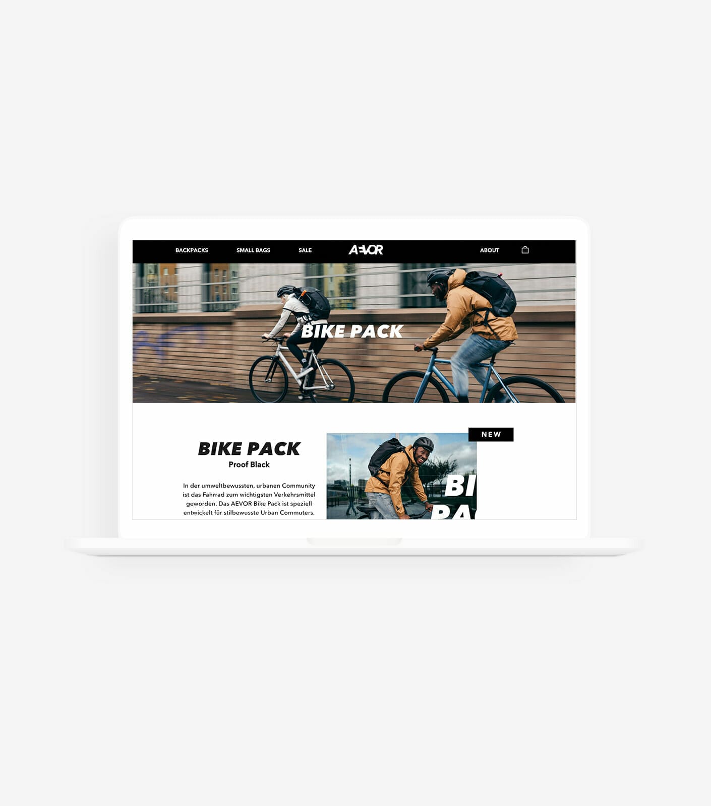 A laptop displays a webpage from AEVOR featuring "Bike Pack" backpacks with images of cyclists wearing the backpacks, showcasing the brand's step-by-step replatforming process to enhance user experience.