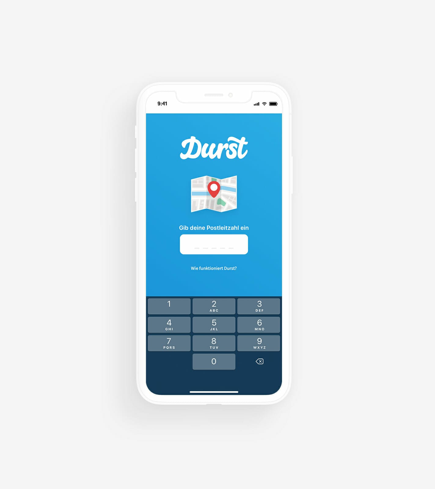 A smartphone screen displays the Durst app with a prompt to enter a postal code, seamlessly integrating a marketplace icon alongside the map icon and numeric keypad.