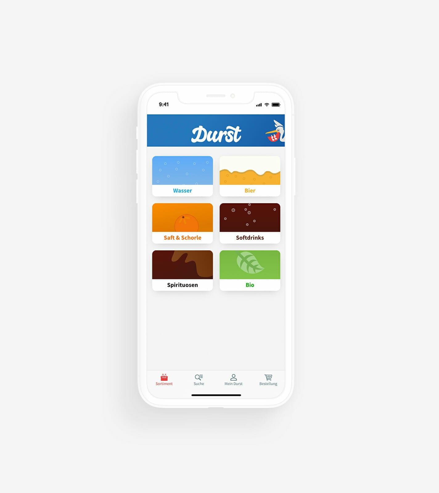 A white smartphone displaying a beverage selection app, transforming your phone into a convenient marketplace with categories: Wasser, Bier, Saft & Schorle, Softdrinks, Spirituosen, and Bio.