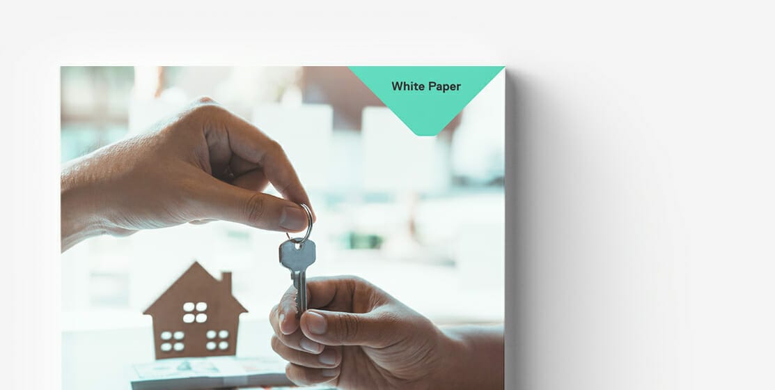 A hand is giving a house key to another hand, symbolizing technology ownership. In the background, there's a small cutout of a house. The words "White Paper" are visible in the top right corner.