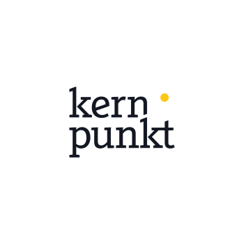 A diamond-shaped logo with the name “kernpunkt” written in lowercase black text and a small yellow dot above the "k" in “punkt”, all set against a white background, evokes the sleek elegance of brands like Tom Tailor.