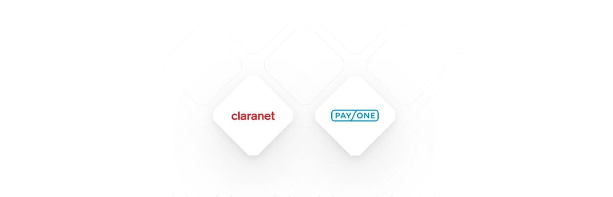 Two diamond-shaped logos: on the left, "claranet" in red text; on the right, "PAY/ONE" in blue text, illustrating a harmonious blend of ERP solutions.