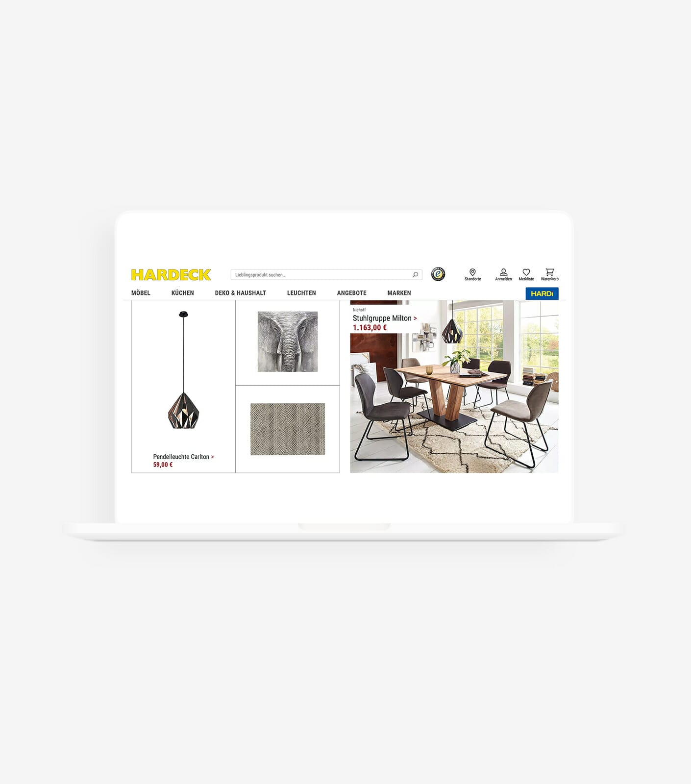 A white laptop displaying the Hardeck website showcases furniture listings, featuring a chic dining set, an elegant pendant light, and a stylish textured rug.