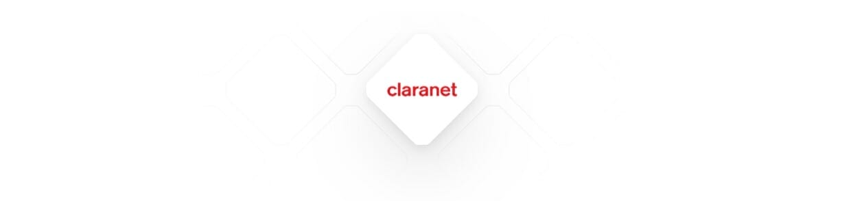 Claranet logo in red text centered on a white, diamond-shaped background with subtle geometric patterns, embodying the professional standards of B2B procurement.