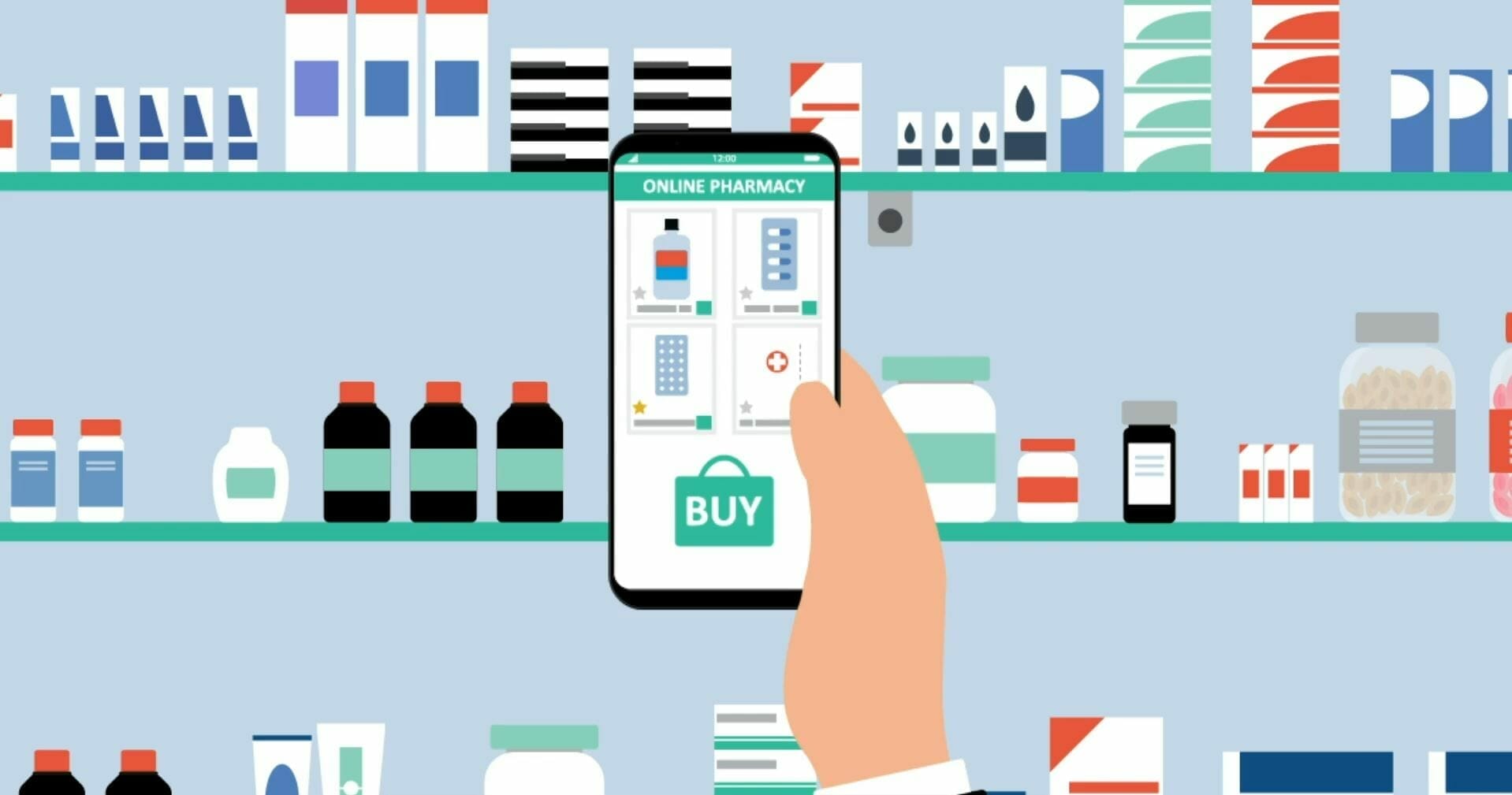 A hand holds a smartphone displaying the Oharma online pharmacy app with a "Buy" button. Shelves filled with various medication bottles and packaging are visible in the background.