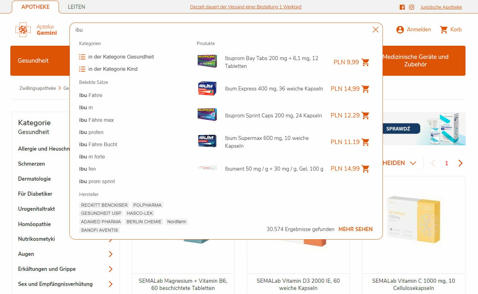 The oharma online pharmacy webpage showcases a variety of ibuprofen products complete with images, prices, and detailed descriptions. Categories are conveniently listed on the left side, while user-friendly navigation options are organized at the top.