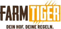 Logo that reads "FARM TIGER" with a subtext that says "DEIN HOF. DEINE REGELN." in capital letters, designed to excite and inspire.