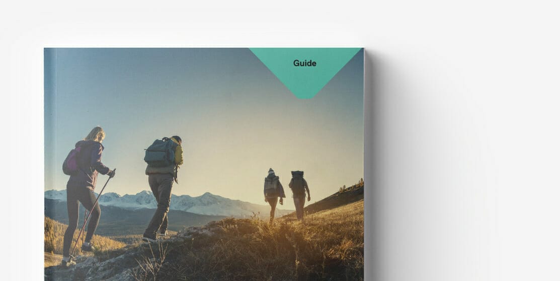 A guidebook cover showing three hikers with backpacks walking up a hill during sunset, as mountains stand majestically in the background — much like a seamless software migration journey.