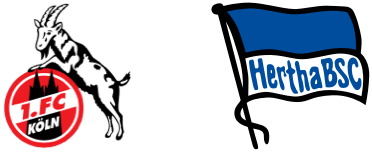 Logos of two football clubs take the main stage: 1. FC Köln on the left with a goat and a red badge, and Hertha BSC on the right featuring a blue and white flag with the club's name.