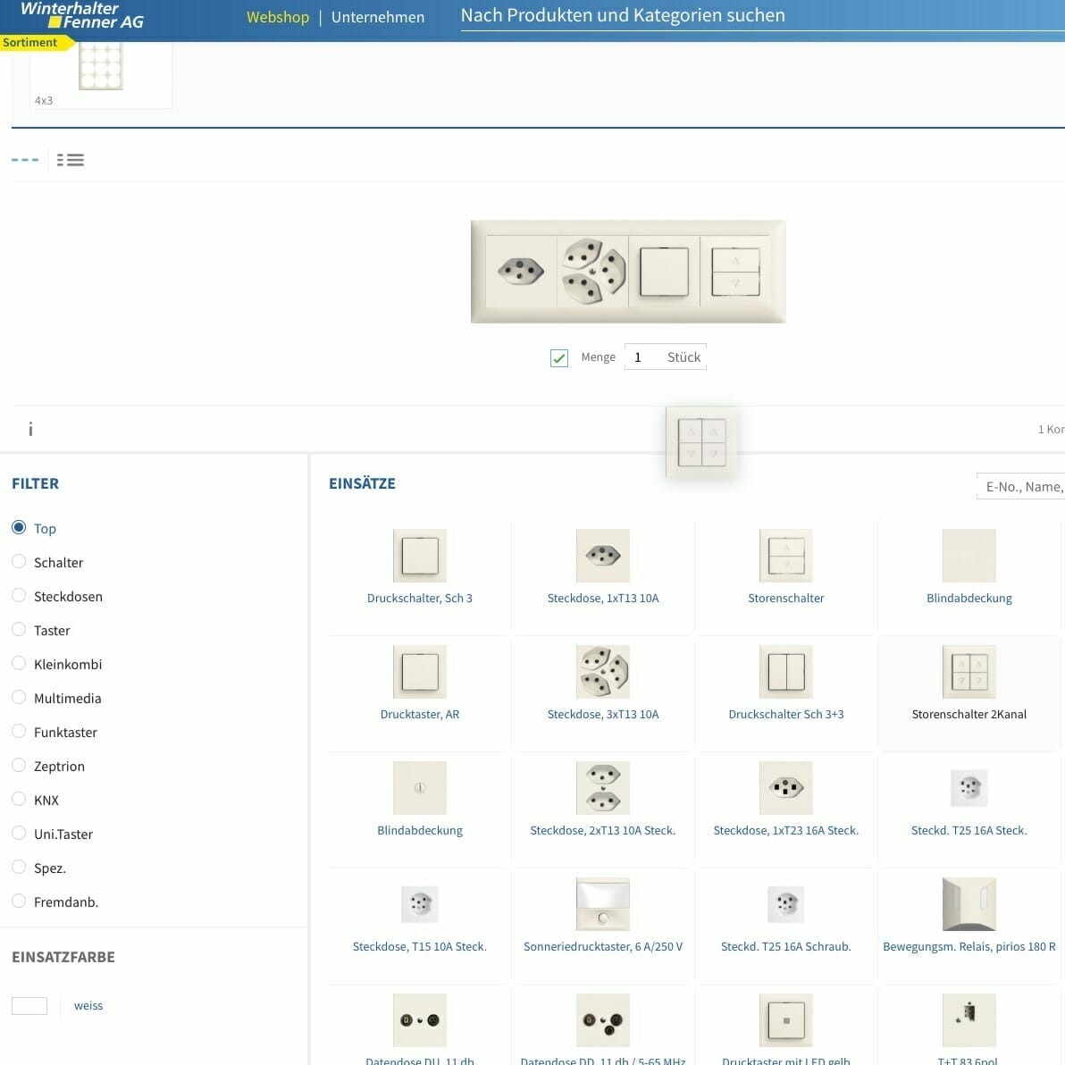 Screenshot of a Winterhalter+Fenner webshop page displaying various types of wall sockets, switches, and other electrical fittings. The page includes filters for selecting product types and colors.