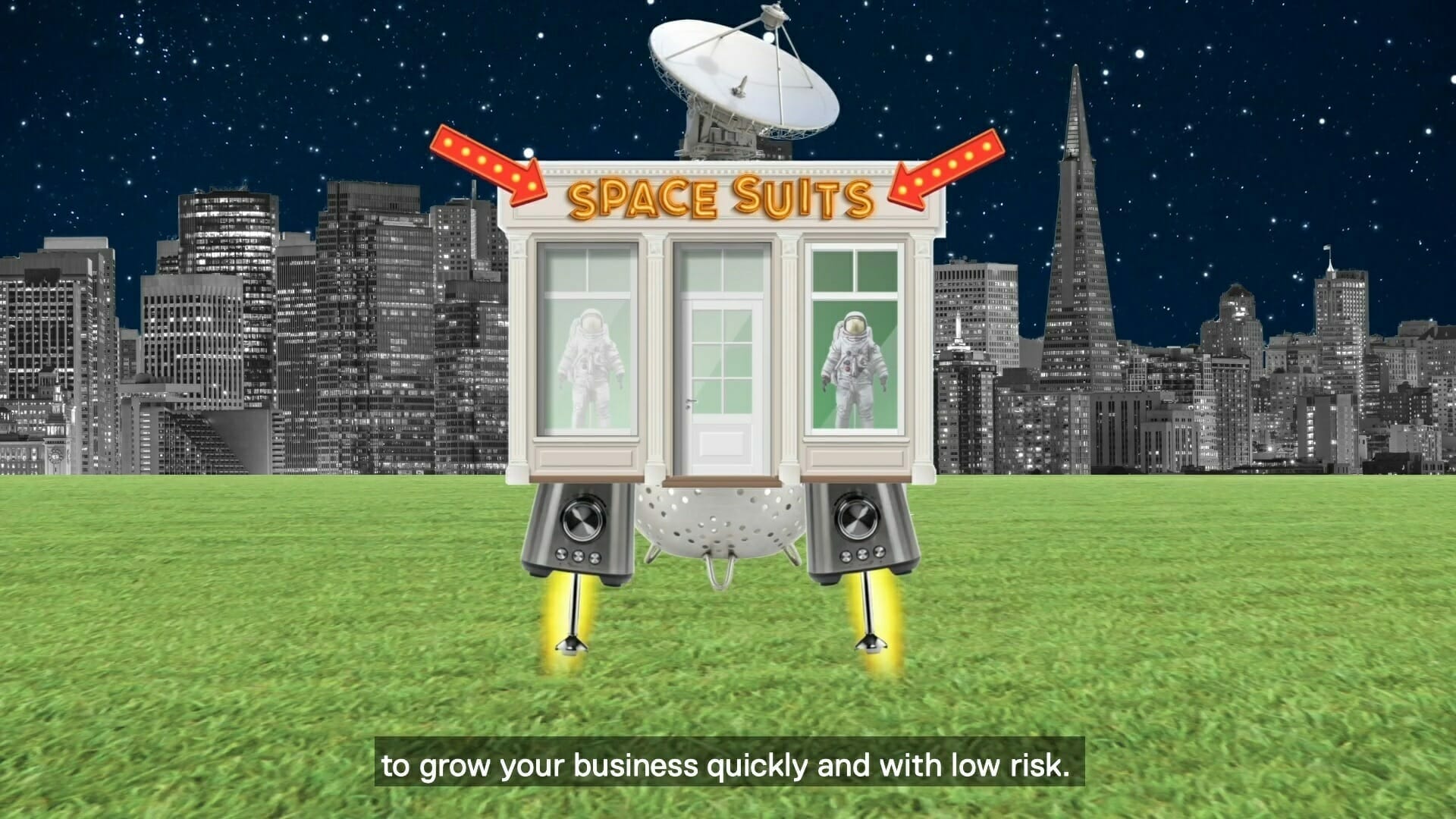 A space suits store on legs, resembling a vending machine, stands against a cityscape backdrop with a night sky filled with stars. Red arrow signs direct the way to the "Space Suits" sign atop the store, creating an otherworldly market guide for interstellar travelers.