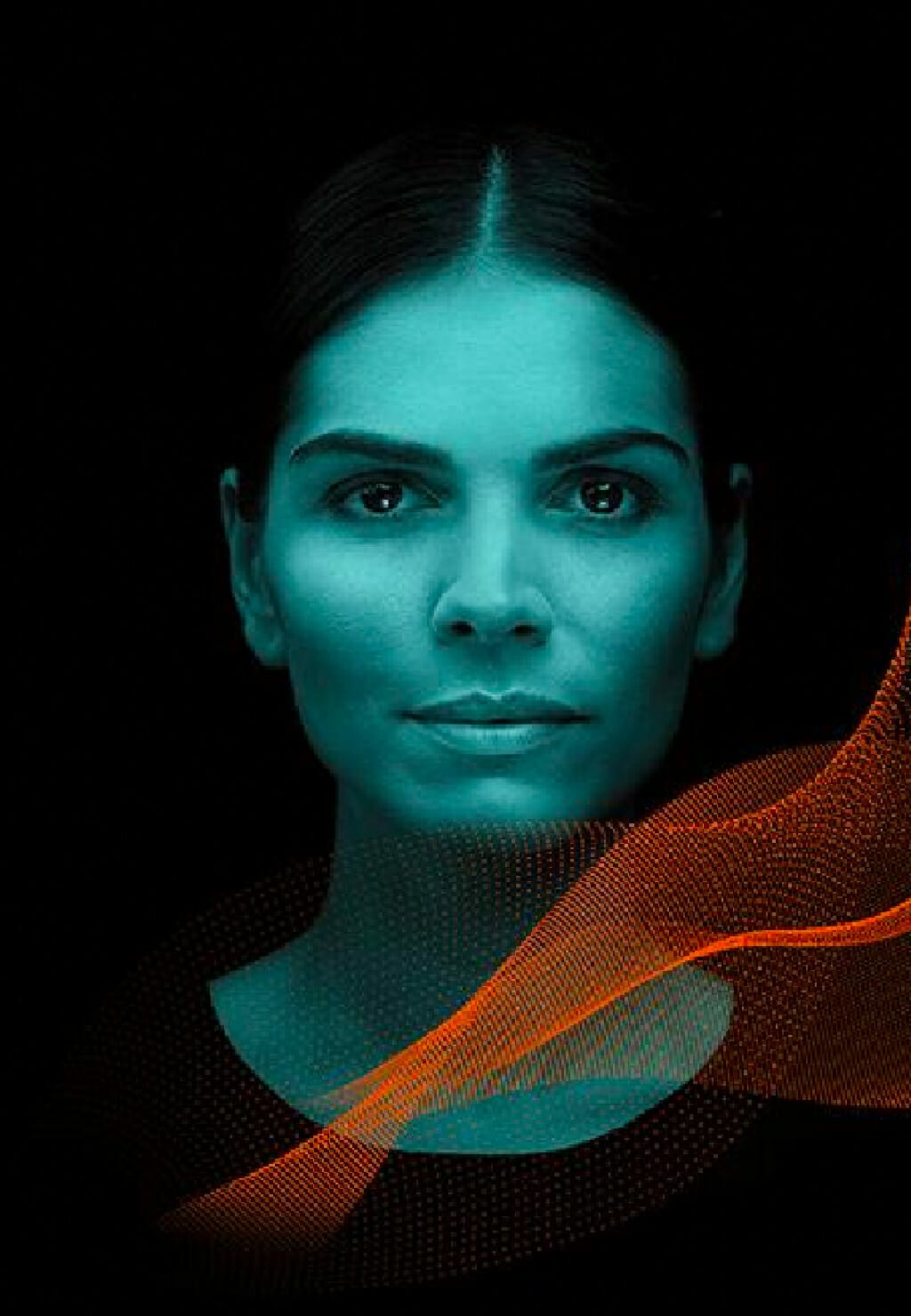 A woman's face with a neutral expression is illuminated in blue on a black background. Orange abstract waves, reminiscent of Spryker OnAir's dynamic visuals, flow in front of her.