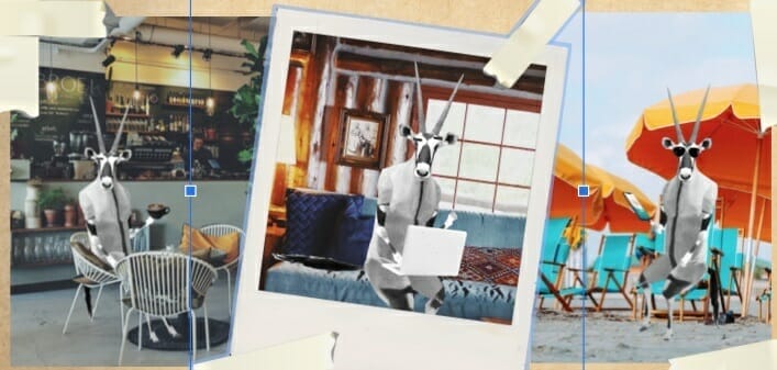 A three-part collage shows an antelope-like figure: in a cafe holding a drink, in a rustic room with a laptop, and on a beach with large umbrellas, reminiscent of the imaginative works often associated with Boris Lokschin.