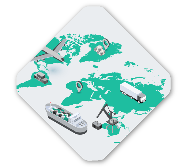 A stylized map showcasing various modes of transportation including a cargo ship, airplane, truck, and crane to illustrate global logistics and Spryker's advanced supply chain operations.