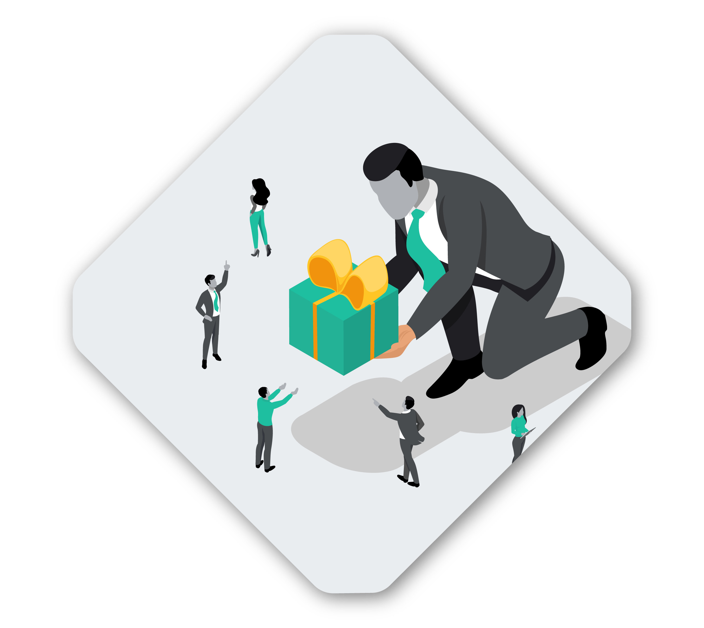 Illustration of a large person in business attire kneeling and presenting a gift-wrapped box with a bow to smaller people surrounding him, symbolizing the collaborative spirit of a Spryker marketplace.