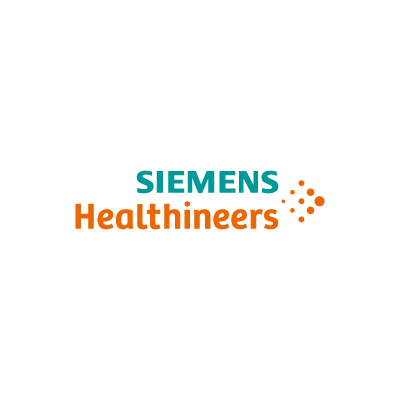 The Siemens Healthineers logo, ideal for any commerce platform, features a teal "SIEMENS" above an orange "Healthineers," with a cluster of orange dots to the right.