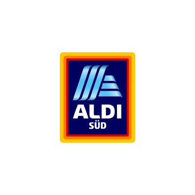 The Aldi Süd logo, featuring a stylized "A" in shades of blue on a dark blue background with "ALDI SÜD" written underneath, is emblematic of its robust commerce platform. The logo is bordered in yellow and orange.