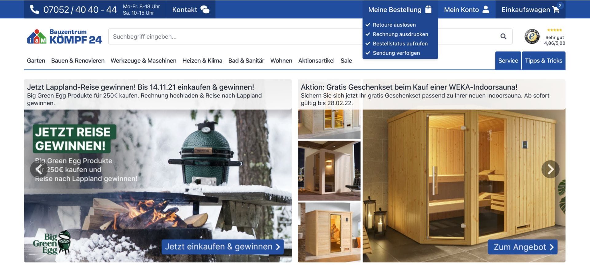 Screenshot of the homepage of Bauzentrum Kämpf 24 website, now branded as Kömpf, showcasing promotions for a Lapland trip and a sauna set. The navigation bar and contact information are prominently displayed at the top.