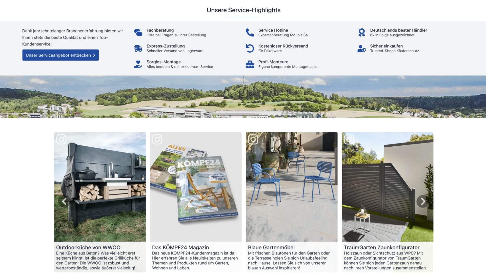 A web page showcasing various service highlights, including VIVOO outdoor kitchens, "KOMPF24" magazine, blue garden furniture, garden fencing, and other services with images and brief descriptions from kömpf.