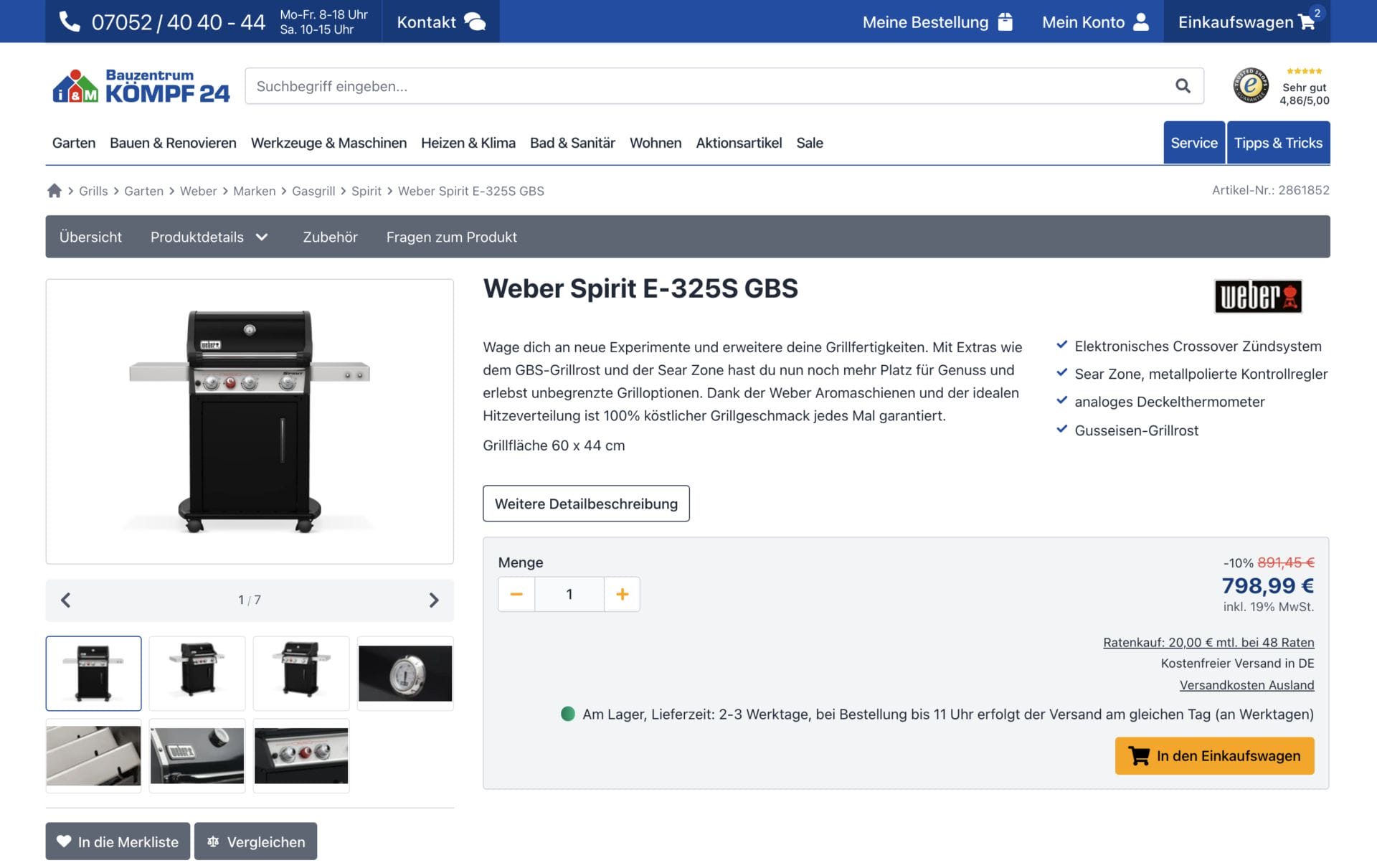 Screenshot of a product page for the Weber Spirit E-325S GBS grill on the Bausentum Kömpf 24 website, with the price listed as 798.99€ and various product description details shown from Kömpf.