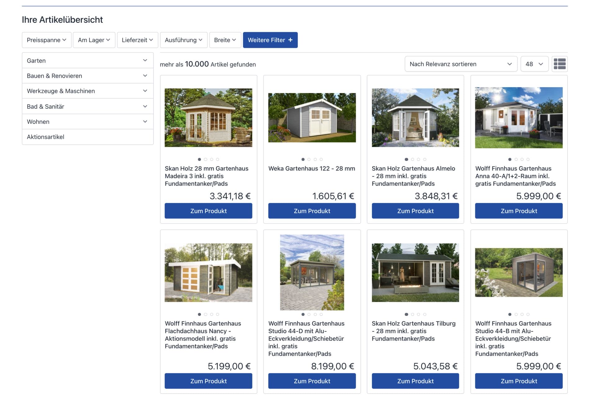 A webpage showcasing an array of garden shed models from Kömpf, featuring their prices and product details. Filters on the left let you sort by price range, category, size, and other specifications.