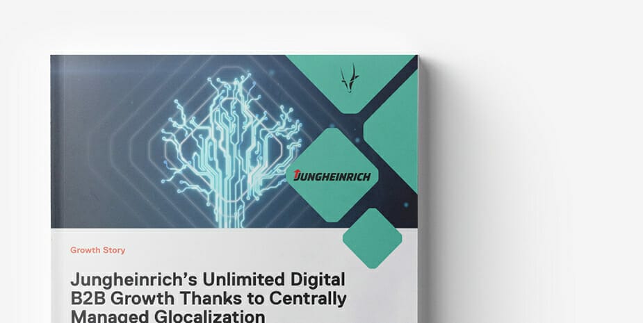 Cover of a document titled "Jungheinrich’s Unlimited Digital B2B Growth Thanks to Centrally Managed Glocalization" featuring a graphic of a glowing tree-like network, symbolizing Jungheinrich Growth.