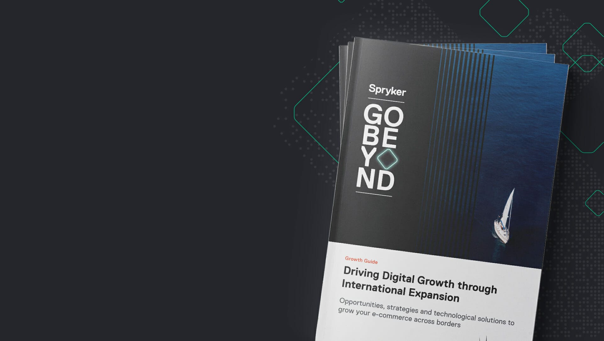 Image of a publication titled "Spryker Go Beyond: Driving Digital Growth through Ecommerce and International Expansion," featuring a sailboat on a serene blue background.