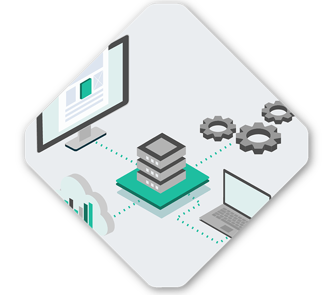 Illustration of a computer and laptop connected to a central server, with cloud storage and gears representing data processing and management in a B2B marketplace.