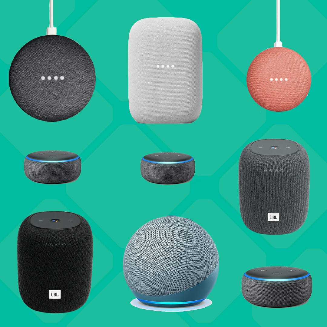 A collection of various smart speakers, including cylindrical, spherical, and rectangular shapes, displayed on a teal background. Perfect for any eCommerce store in Australia looking to enhance their tech offerings.