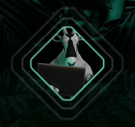 A goat sits behind a laptop, framed by overlapping diamond outlines, with a dark, leafy background reminiscent of a spryker safari draft.