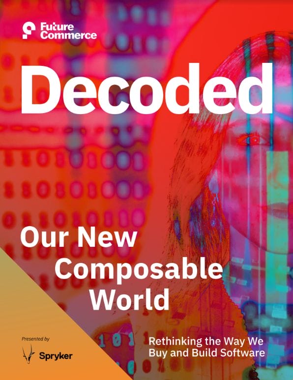 A magazine cover titled "Decoded: Our New Composable World," discussing software innovation and future commerce. Presented by Spryker and featuring a background of coding symbols overlaid with a person's image.