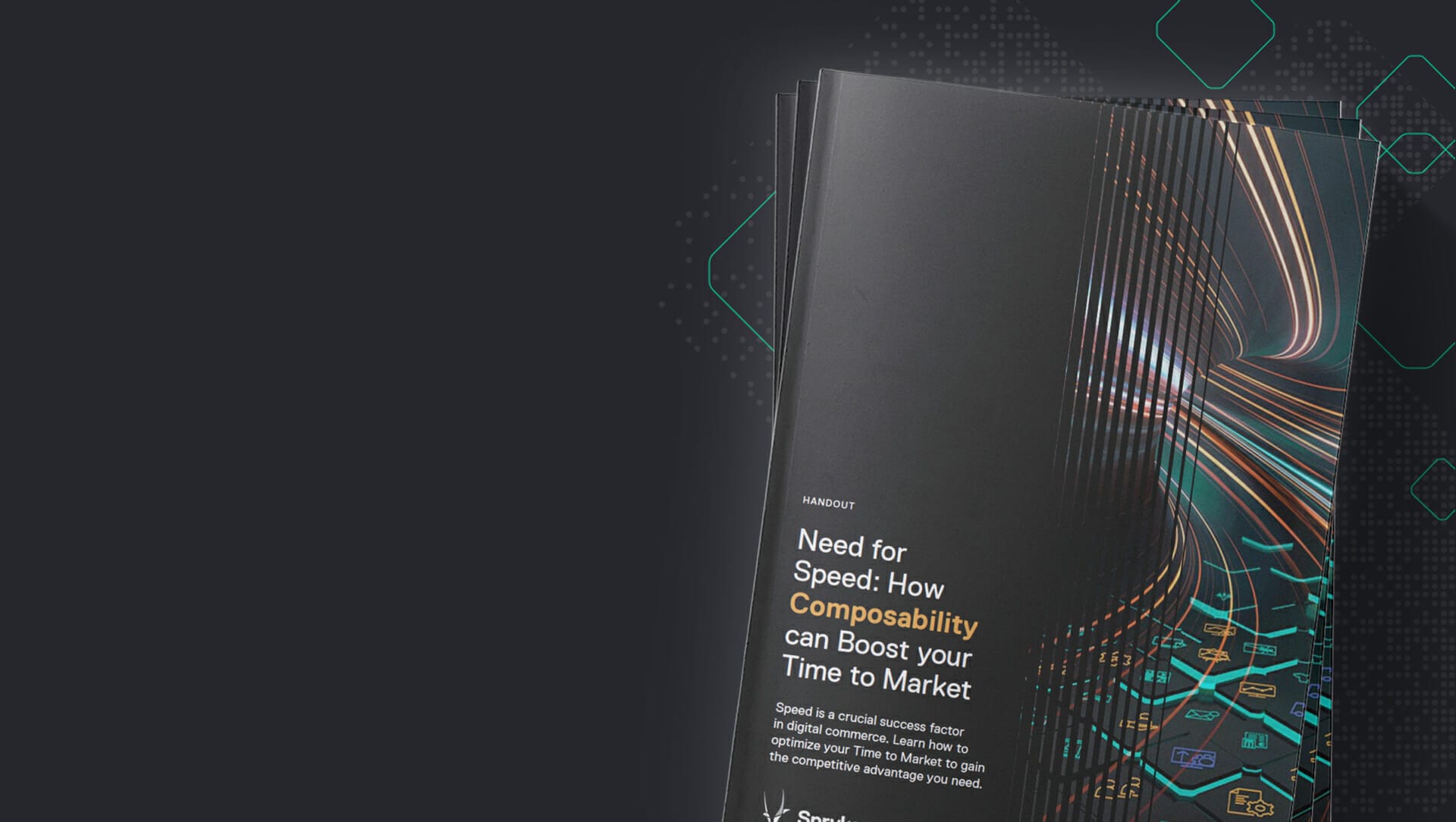 Brochure titled "Need for Speed: How Composability can Boost your Time to Market" on a dark background with abstract light patterns, highlighting the crucial role of accelerating time to market.