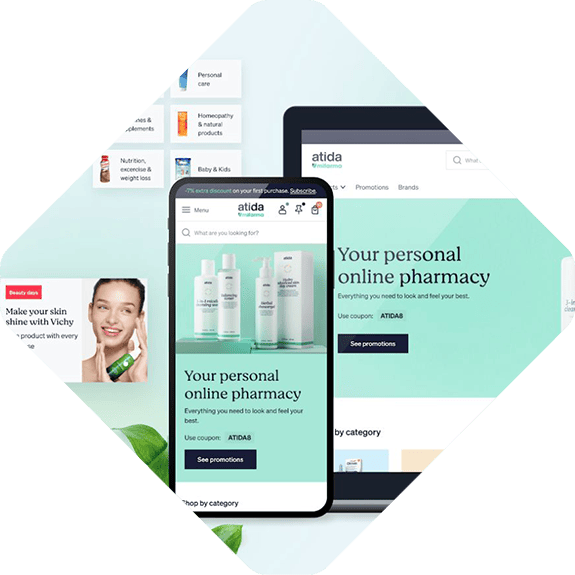 Image showing the homepage of the online pharmacy website, Atida, on a phone, tablet, and computer screen. The site offers health and beauty products with a promotion code displayed.