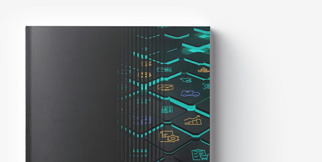 Book cover with a black and teal design featuring hexagonal shapes and various icons, including transportation, finance, technology symbols, and PBCs microservices.