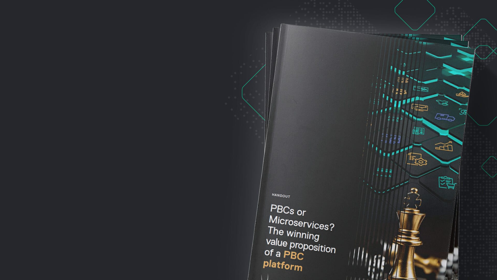 A brochure titled "PBCs or Microservices? The winning value proposition of a PBC platform" features a chess piece and geometric icons on the cover, illustrating the strategic advantage in choosing PBCs over microservices.