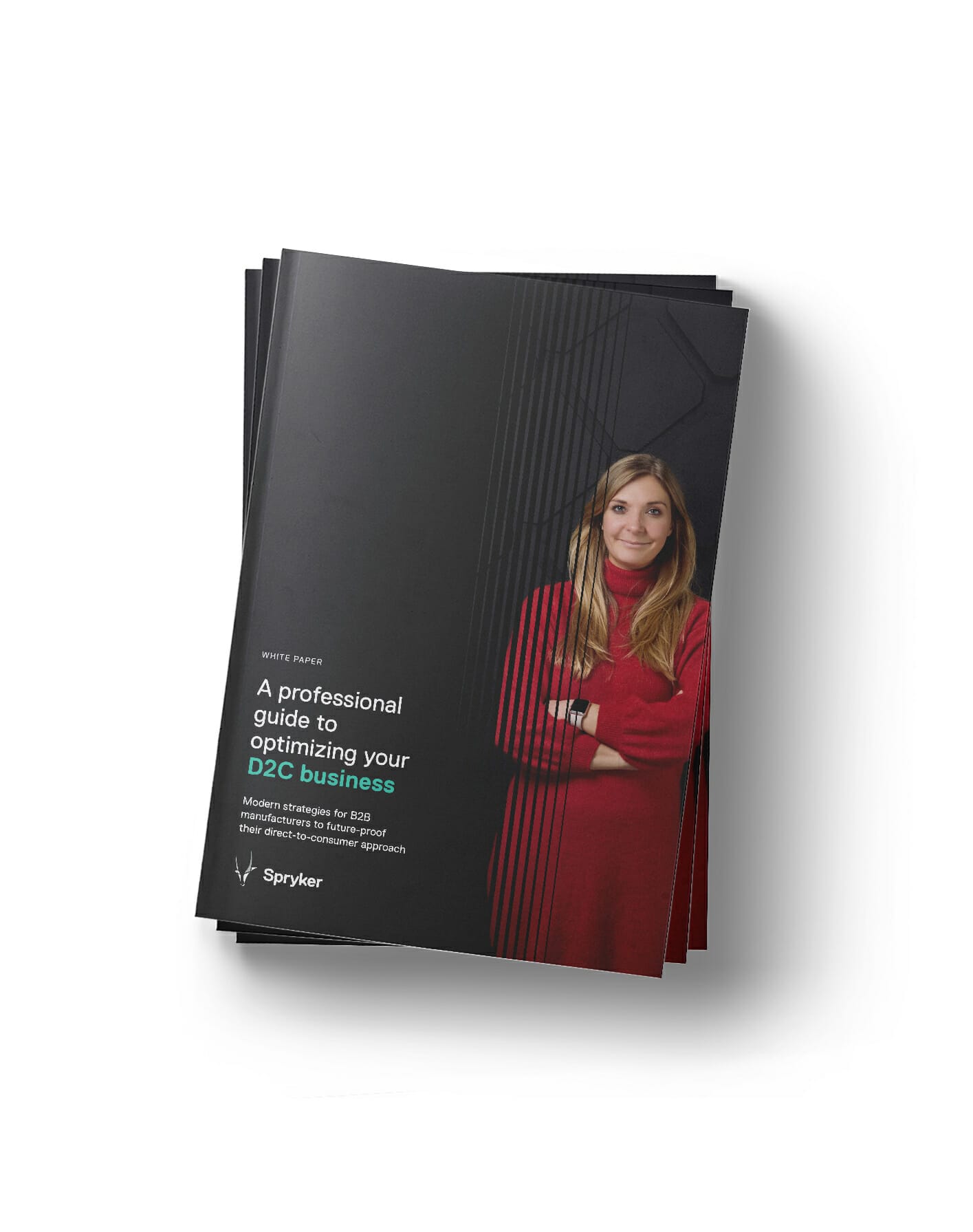 Stack of pamphlets titled "A professional guide to optimizing your D2C business" with a photo of a woman in a red top on the cover, tailored for the tech persona.