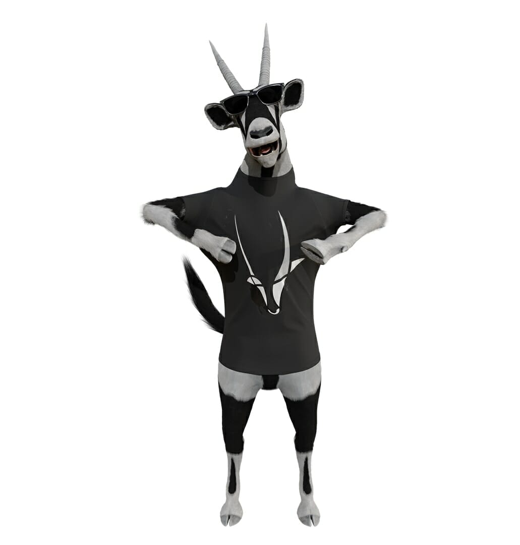 A cartoon oryx named Oskar, sporting sunglasses and a black t-shirt, displays a confident stance. The t-shirt features an oryx head graphic.