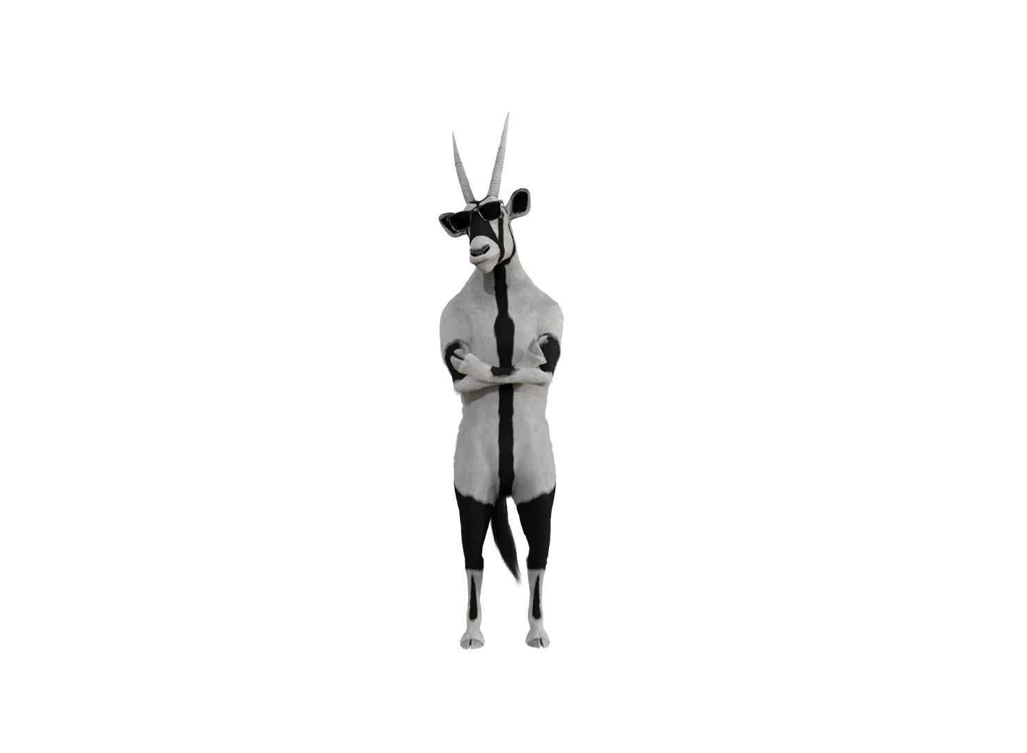 An upright anthropomorphic oryx wearing glasses and crossing its arms against a plain black background, reminiscent of Oskar's distinct style.