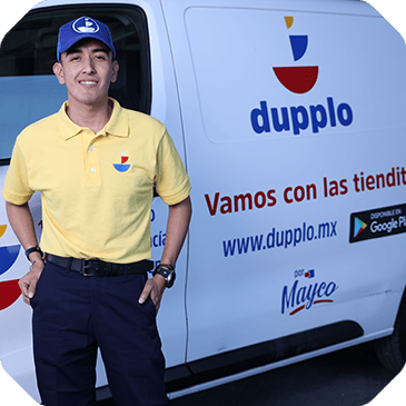 A man in a yellow polo shirt and blue hat with a logo stands smiling next to a white van with "dupplo" branding and text promoting an app download on Google Play, as seen on the Customer Overview page.