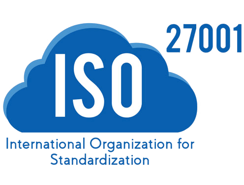 ISO 27001 logo featuring a blue cloud with "ISO" in the center and "International Organization for Standardization" below it, symbolizing trust and security.