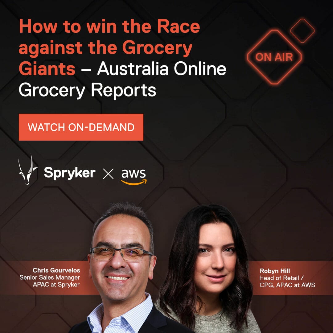 Promotional image for an onair webinar titled "How to Win the Race against the Grocery Giants – Australia Online Grocery Reports" featuring Chris Gouvelos from Spryker and Robyn Hill from AWS.