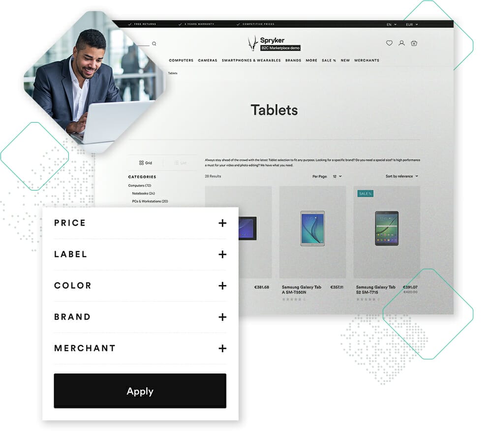 A man using a laptop on the left and a webpage displaying various tablet products with filtering options for price, label, color, brand, and merchant on the right—an ideal setup to avoid channel conflict.