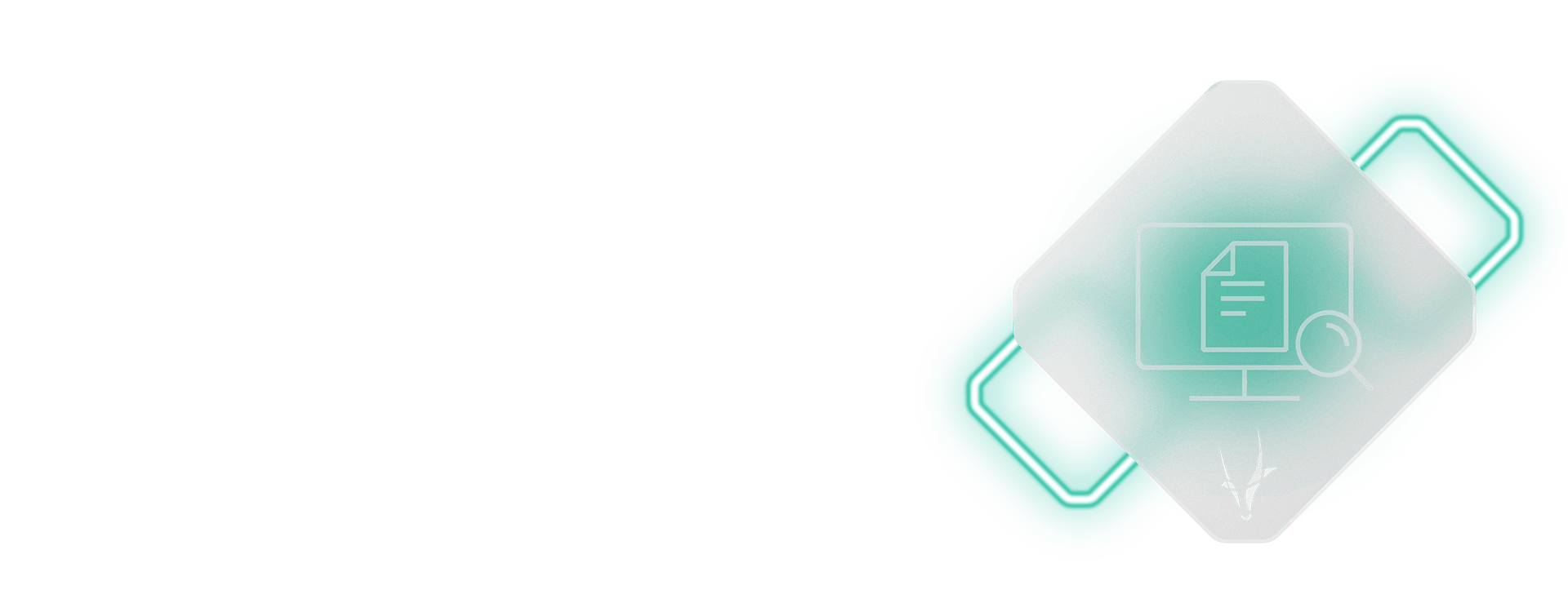 A transparent icon with a document and magnifying glass on a computer screen is shown on a diamond-shaped background with teal accents, symbolizing cutting-edge digital self-service technology.