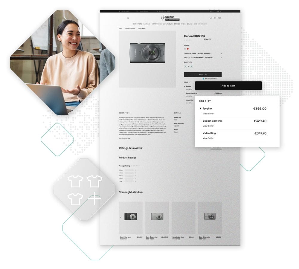 A woman smiles while working on a laptop. Overlaid are screenshots of an online product page for a Canon camera, displaying pricing options and user reviews. Additional related product suggestions from the marketplace extension are shown below.