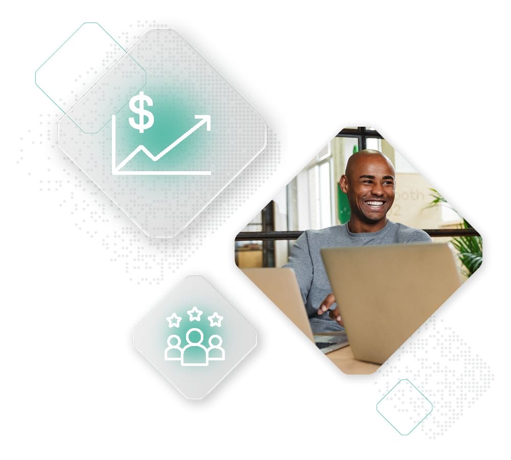 A smiling person at a laptop, paired with icons of a rising graph with a dollar sign and a group of people, signifies the benefits of using the Marketplace Extension. In the background, abstract dotted shapes add an engaging touch.