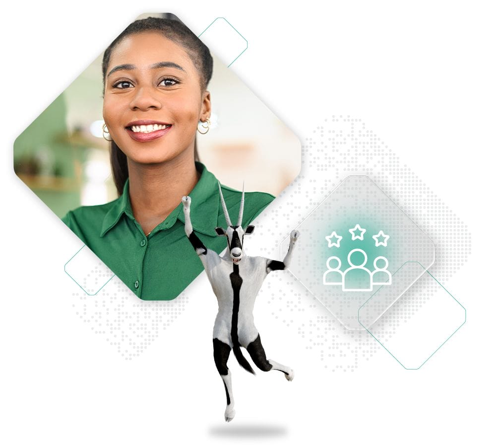 Photo of a smiling person in a green shirt above an illustration of a goat mid-jump, reflecting the joy of cost efficiency through order process automation. Icons of stars and people are visible in the background.