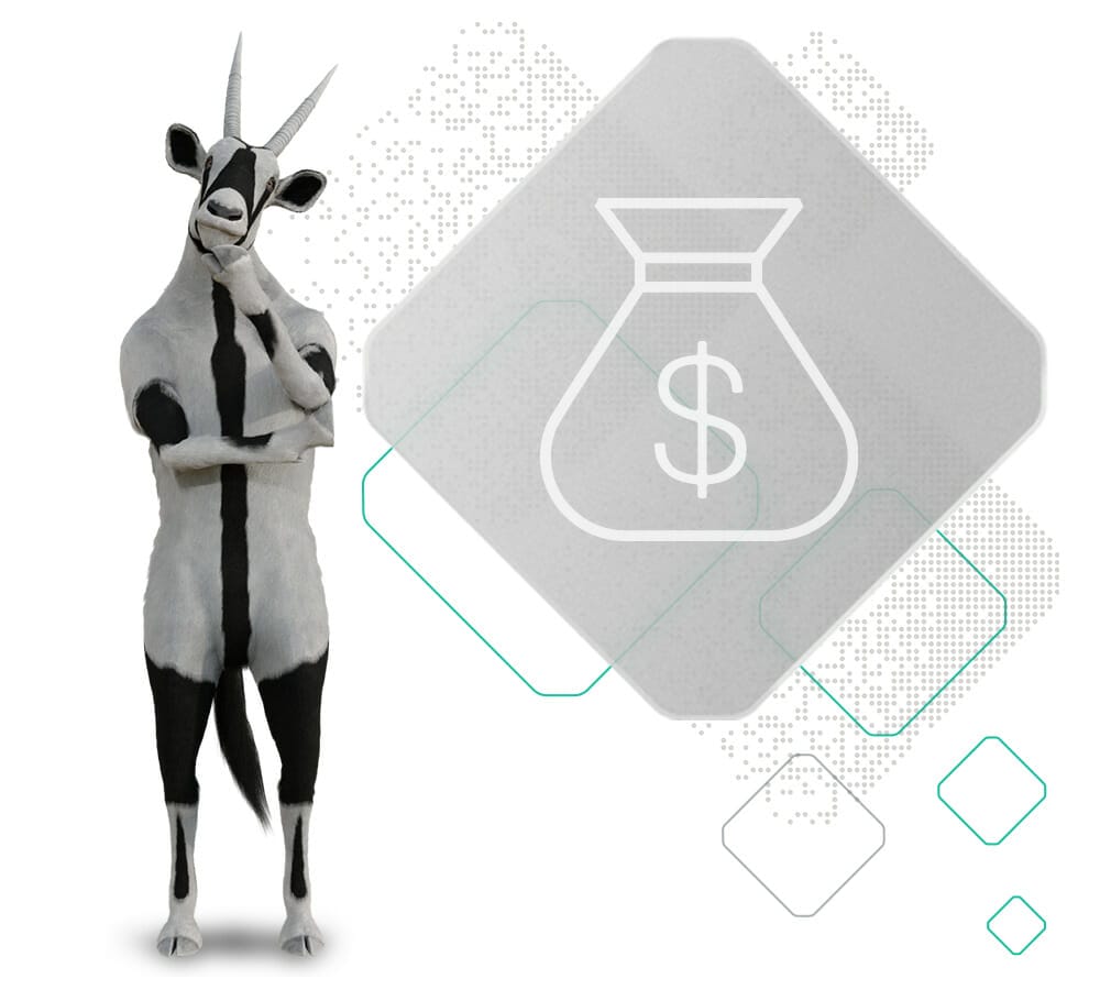 A humanoid goat stands thoughtfully next to a graphic of a money bag with a dollar sign, symbolizing the ease of the self-service request for quote process, all set against a background of geometric shapes.