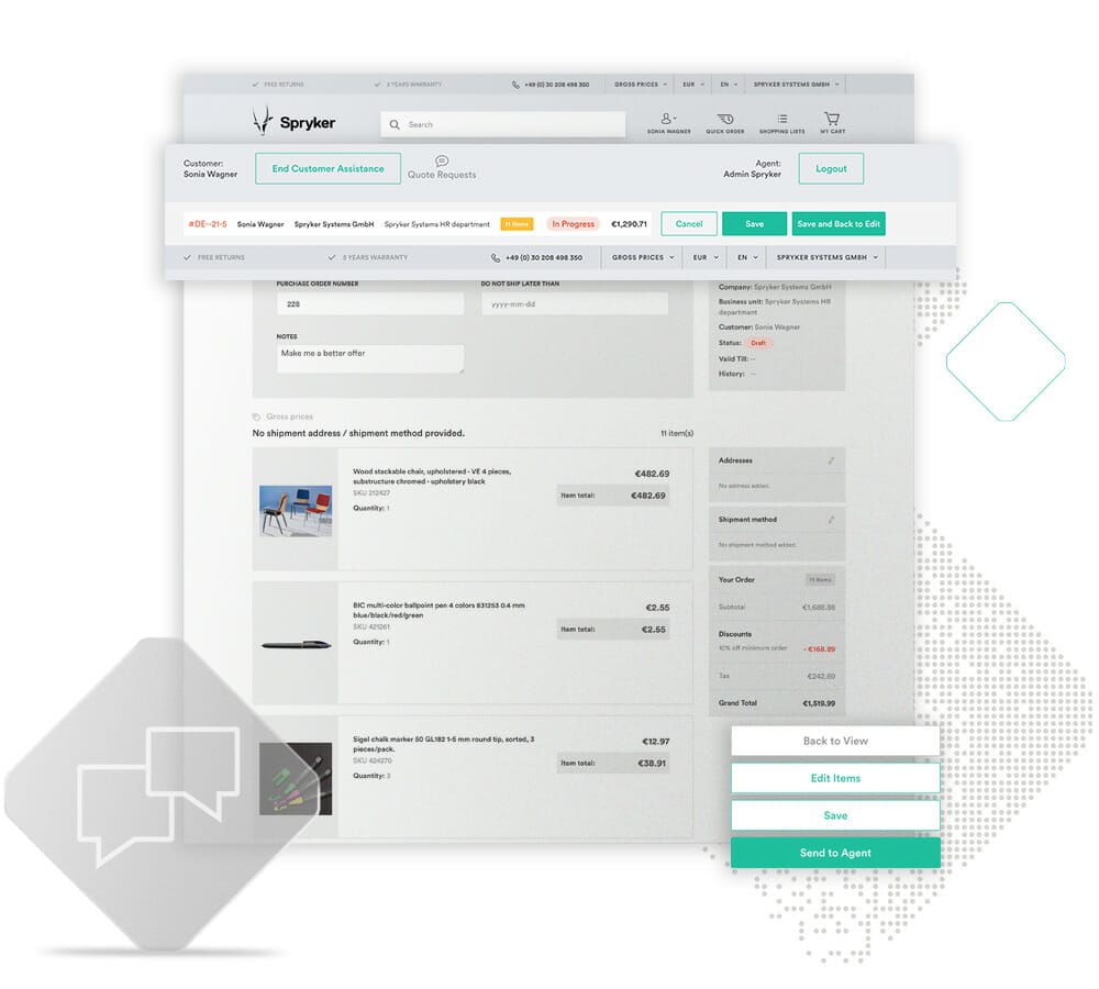A computer screen displaying an order summary on the Spryker software interface showcases item details, prices, and shipment information. The Self-Service Request for Quote feature is integrated seamlessly, with various buttons and navigation options visible at the top and side.