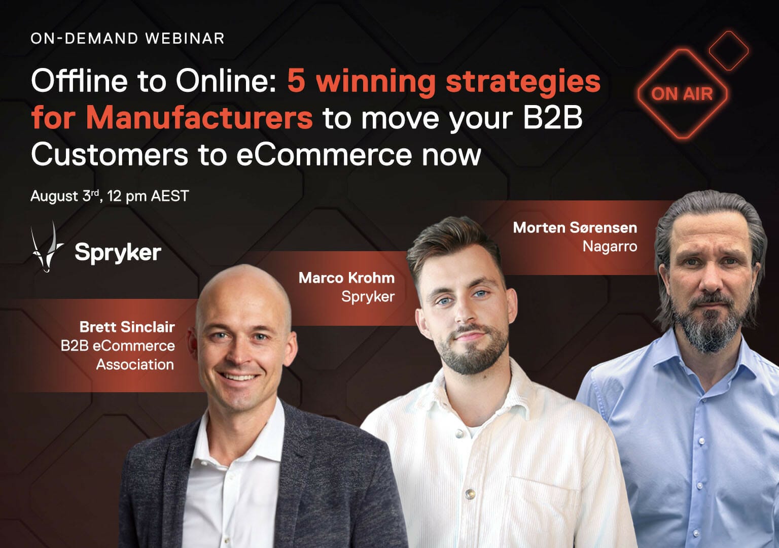 Webinar flyer titled "Offline to Online: 5 winning strategies for Manufacturers to move your B2B Customers to eCommerce now" featuring speakers Brett Sinclair, Marco Krohn, and Morten Sorensen. Special focus on the automotive aftersales industry.